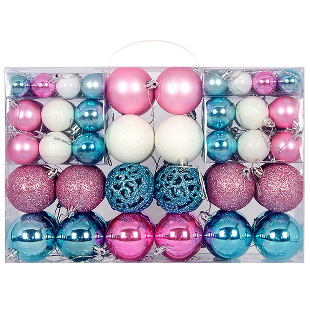 BSTMOME 2025 New 100 Pack Christmas Balls Ornaments, 3 Colors Shatterproof Christmas Tree Baubles for Festival Celebration Xmas Tree Wedding Party Decoration 3 Sizes (Blue+White+Pink)