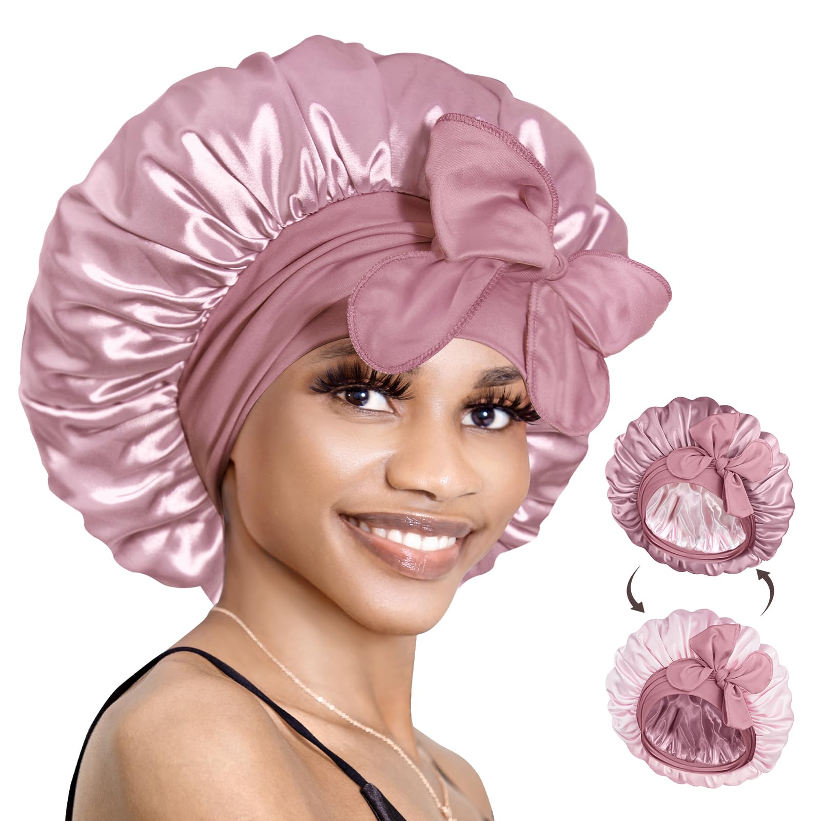 BONNET QUEEN Silk Bonnet Reversible for Sleeping for Curly Hair, Double Layer Sided Satin Bonnet for Women & Men, Adjustable Silk Scarf Night Cap with Tie Band, Mocha and Pink — image 1