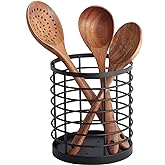 WDT Tool Utensil holder for Kitchen Counter - 5.2" x 5.2" x 6" Large Round Utensils Holder with Wooden Base Matte Black Cooking Utensil Holder,Kitchen countertop Utensil Organizer (Metal)