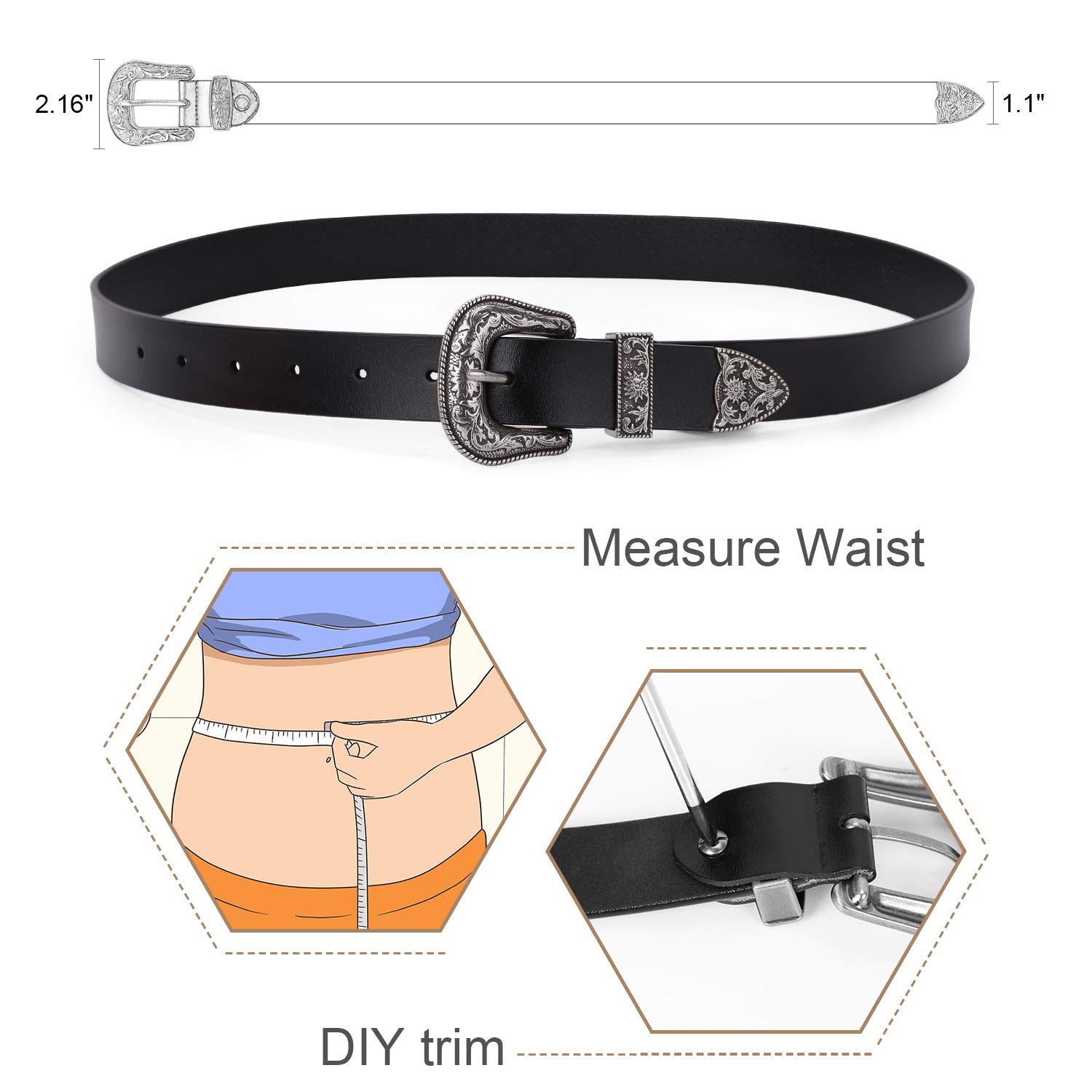 WERFORU Women Leather Belt for Jeans Pants Dress Ladies Belt with Western Buckle, Black,Medium(Suit for Pants Size 30-35 Inches)