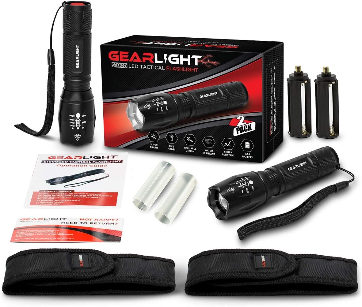 GearLight S1000 LED Tactical Flashlight with Holster [2 Pack] + GearLight S500 LED Headlamp [2 Pack] Bundle - - 