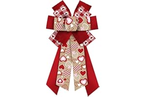 ABTOLS Large Valentine's Day Bows for Wreath, Red White Buffalo Plaid Wreath Bows Valentine Heart Bows for Front Door, Wedding Romance Ornament Tree Topper Bows for Anniversary Indoor Outdoor Decor