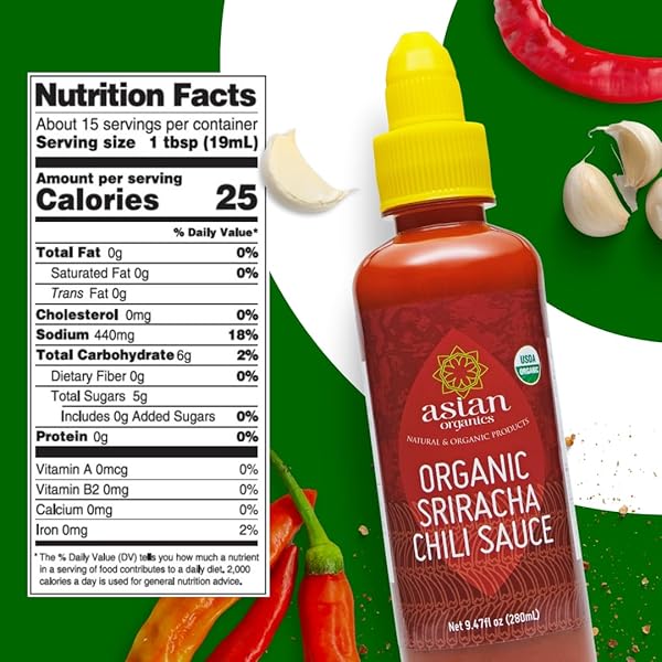 ASIAN ORGANICS SRIRACHA HOT CHILI SAUCE – THAI CHILI SAUCE, USDA ORGANIC, NON-GMO, GLUTEN-FREE, NO MSG – AUTHENTIC SIRACHA SAUCE, 9.47OZ/280ML BOTTLE