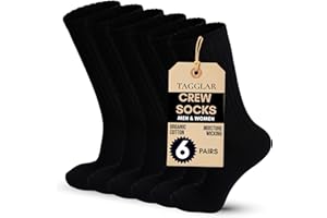 TAGGLAR Organic Cotton Athletic Crew Socks for Men & Women – Cushioned, Arch Support, Moisture Wicking (6 Pairs)