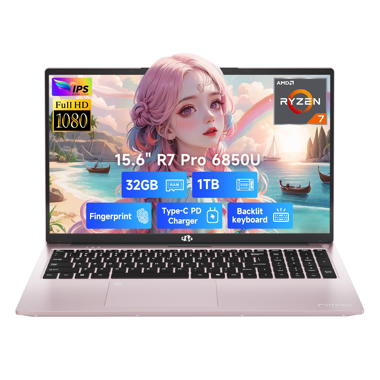 NIMO 15.6" FHD Light-Gaming-Laptop, 8 Cores AMD Ryzen 7 Pro 6850U 32GB LPDDR5 RAM 1TB SSD (Beat i7-1360P Up to 4.7GHz) GPU AMD Radeon 680M IPS Computer with 100W Type-C Backlit Keyboard Fingerprint