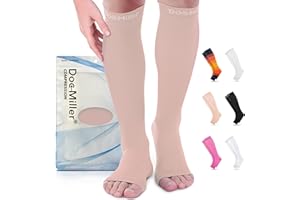 Doc Miller, Open Toe Compression Socks, 8-15 mmHg, Toeless, Support Circulation, Shin Splints, Calf Recovery, Varicose, Knee High, Medical Grade, Skin/Nude Socks, Large Size for Men & Women, Pair