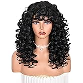 ANNISOUL Black Curly Wigs for Black Women Long Curly Afro Wig with Bangs for Women Big Bouncy Fluffy Synthetic Fiber Glueless Hair for Cosplay and Daily