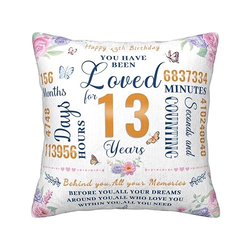 Lojetxe 13th Birthday Gifts for Girls, Velvet Square Throw Pillow Covers 18x18 Inch, 13th Birthday Decorations for Girls, 13 Year Old Birthday Presents Ideas for Daughter Granddaughter