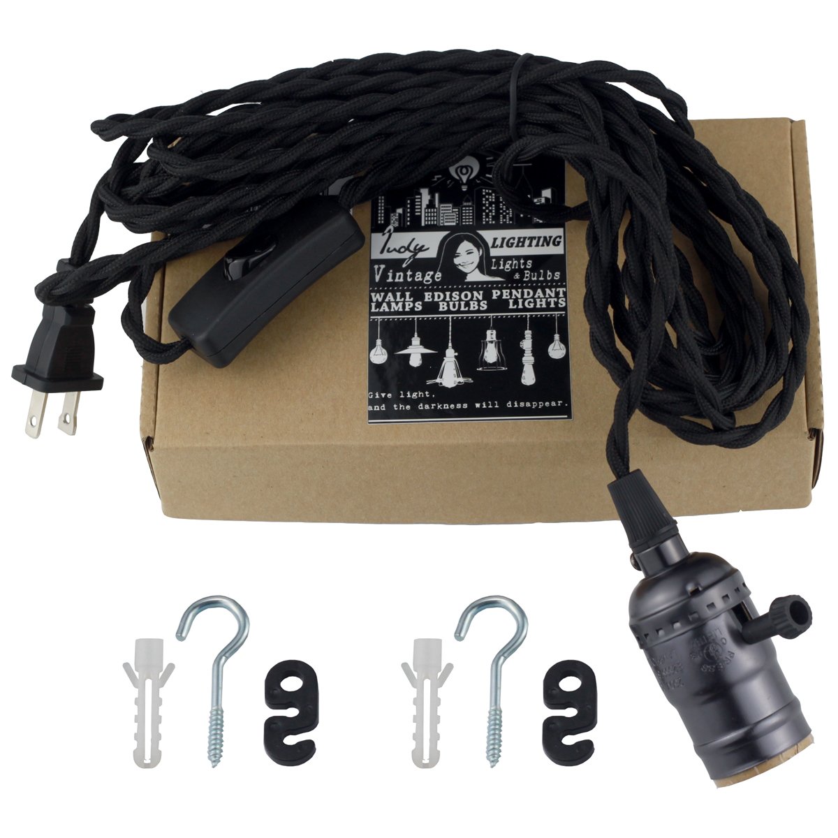 Judy Lighting - Plug-In Antique Pendant Light Fixtures 1 Socket 16.4FT Hanging Swag Light with On/Off Switch (Pearl Black)