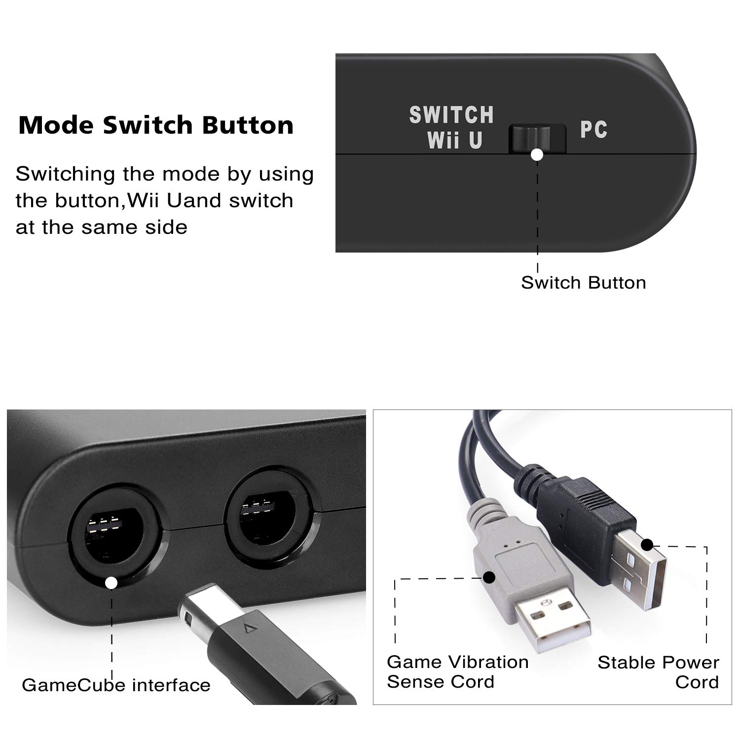 Switch Gamecube Controller Adapter, Super Smash Bros Gamecube Adapter for Nintendo Switch, Wii U and PC USB with 4 Ports - Plug & Play, No Drivers Needed