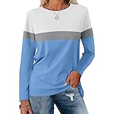 ORANDESIGNE Women's Color Block Long Sleeve Tunics Tops Casual Striped Crew Neck Shirts Loose Blouses