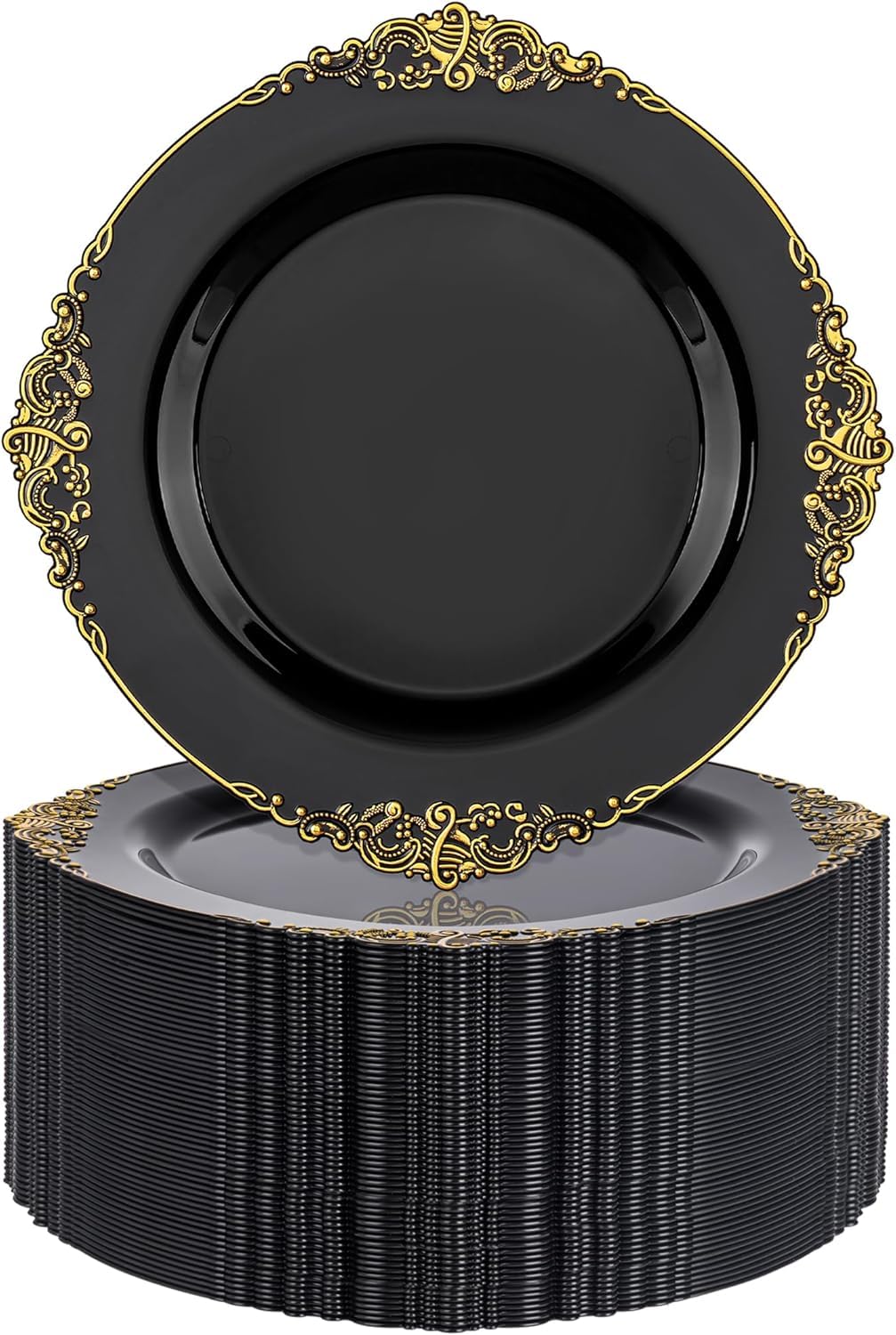 Nervure 100PCS Black Gold Plastic Plates - 7.5 inch Black Plastic Plates with Gold Rim - Disposable Dessert Plates for Wedding & Party Image