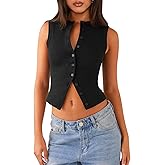 Pungdra Womens Button Down Tank Top Sleeveless Ribbed Fitted Vest Casual Crewneck Trendy Y2K Going Out Crop Knit Vest Top