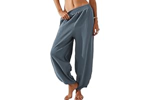 Himosyber Women Cotton Pants Wide Leg Pants Casual Loose Baggy Elastic Waist Beach Palazzo Harem Pants