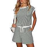 Dokotoo Women's Summer Casual Rompers Striped Shorts Overalls Adjustable Drawstring Waist Jumpsuits One Piece Outfits