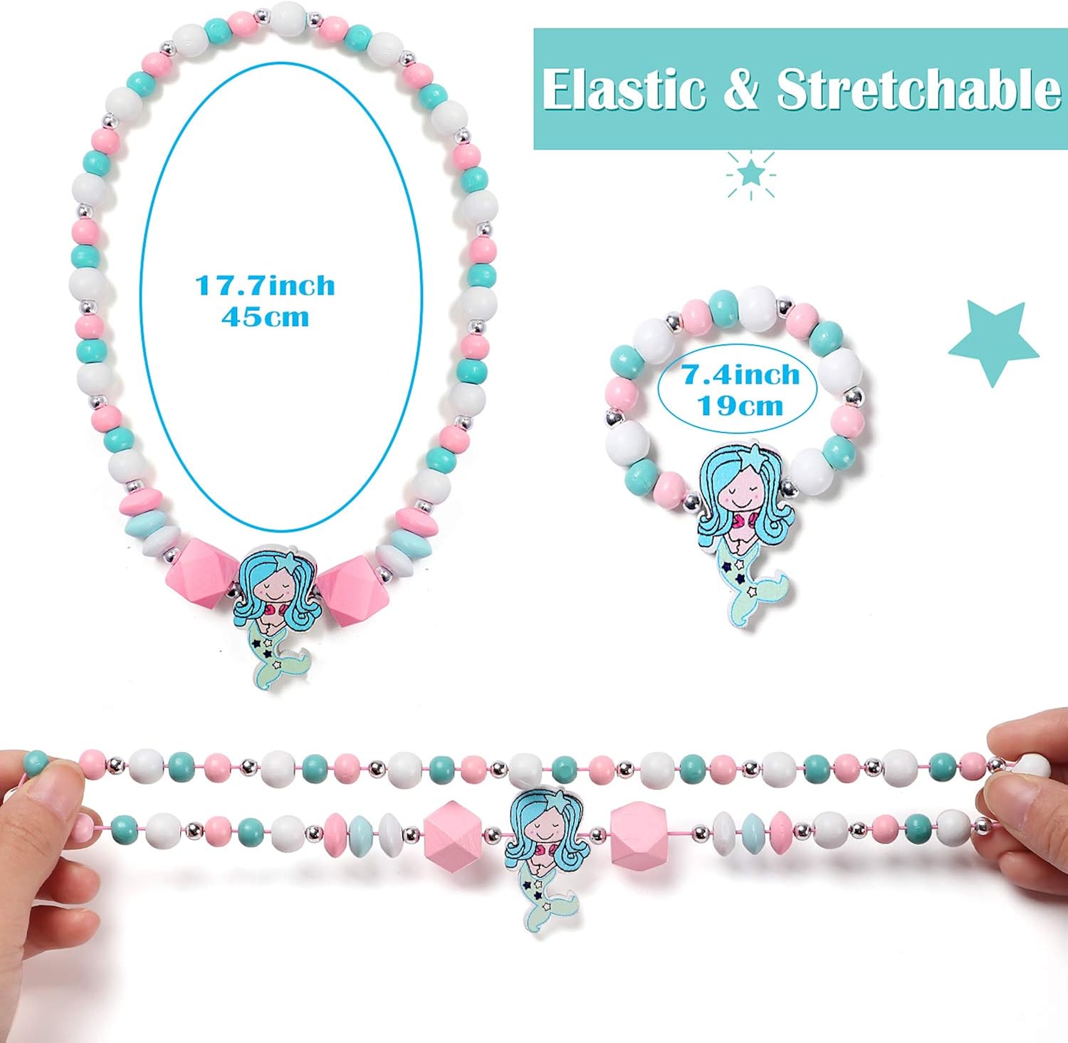 10 Sets Beaded Necklace and Bracelets for Girls Unicorn Mermaid Rainbow Animal Pendant Colorful Wooden Beads Princess Necklace Dress Up Pretend Play Jewelry Set Party Favor Gifts for Toddlers Kids: Clothing