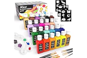 XSG 24 Colors Fabric Paint For Clothes Permanent, Soft Fabric Paint in Bottles with 10 Brushes ，Stencils& Palette,Non-Toxic Textile Paint for Shoes，Jeans ，Bags& DlY Projects(60ml/2oz)
