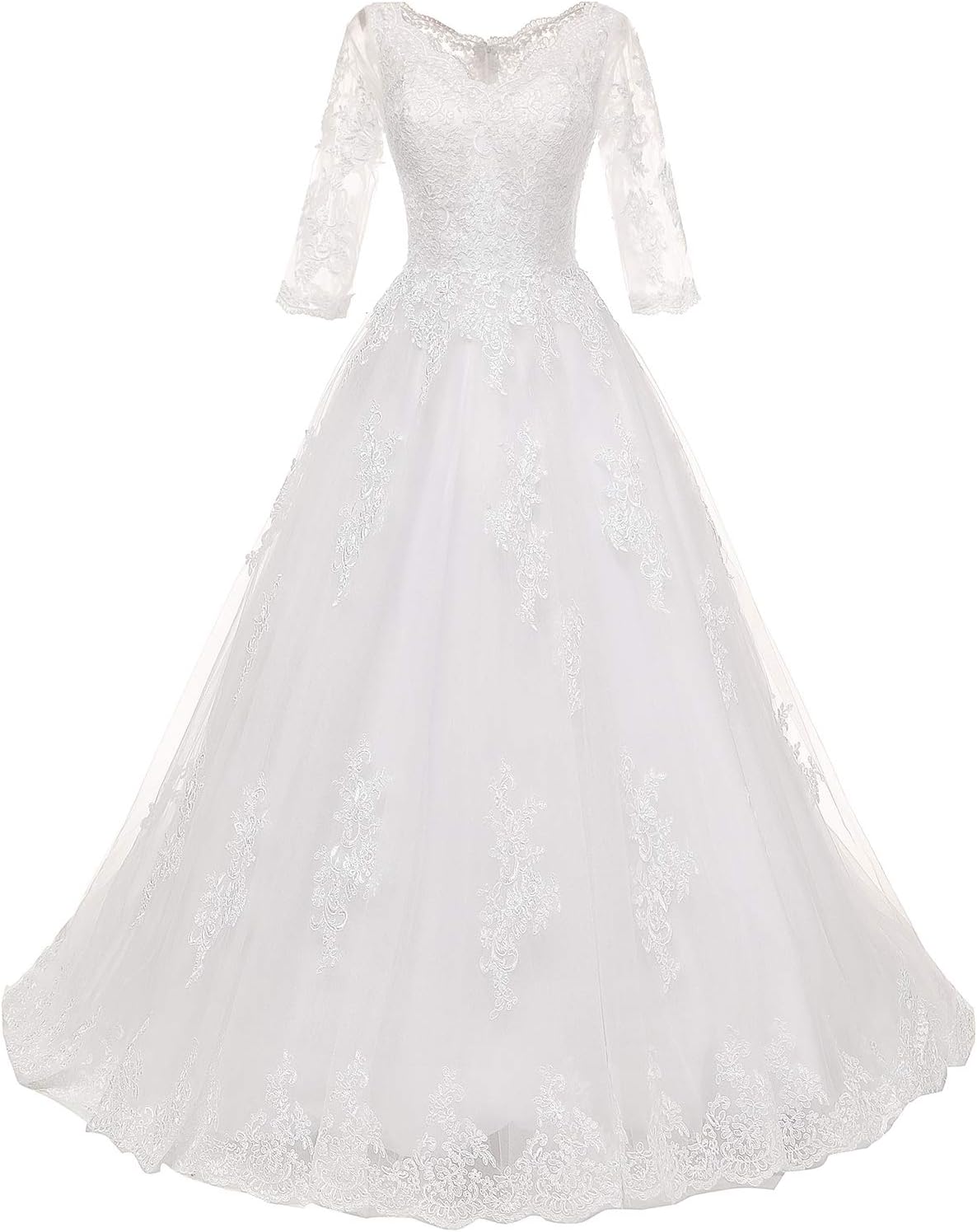 Women's Plus Size Bridal Ball Gown Vintage Lace Wedding Dresses for Bride with 3/4 Sleeves