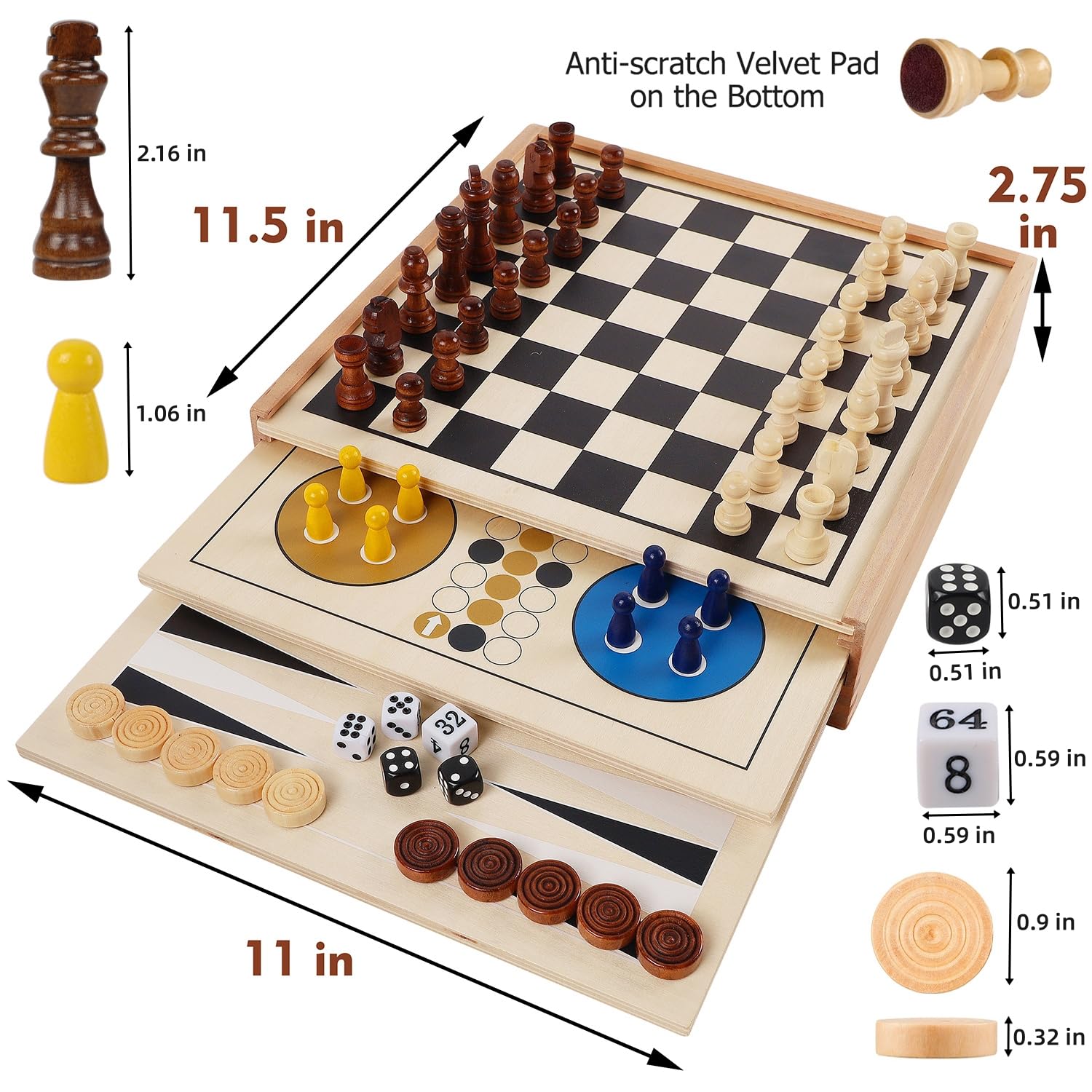 Juegoal 7-in-1 Wooden Board Game Set for Kids Adults, Tabletop Combo Classic Travel Portable Board Games (Chess, Checkers, Chinese Checkers, Backgammon, Parcheesi, Snakes and Ladders, Tic Tac Toe)