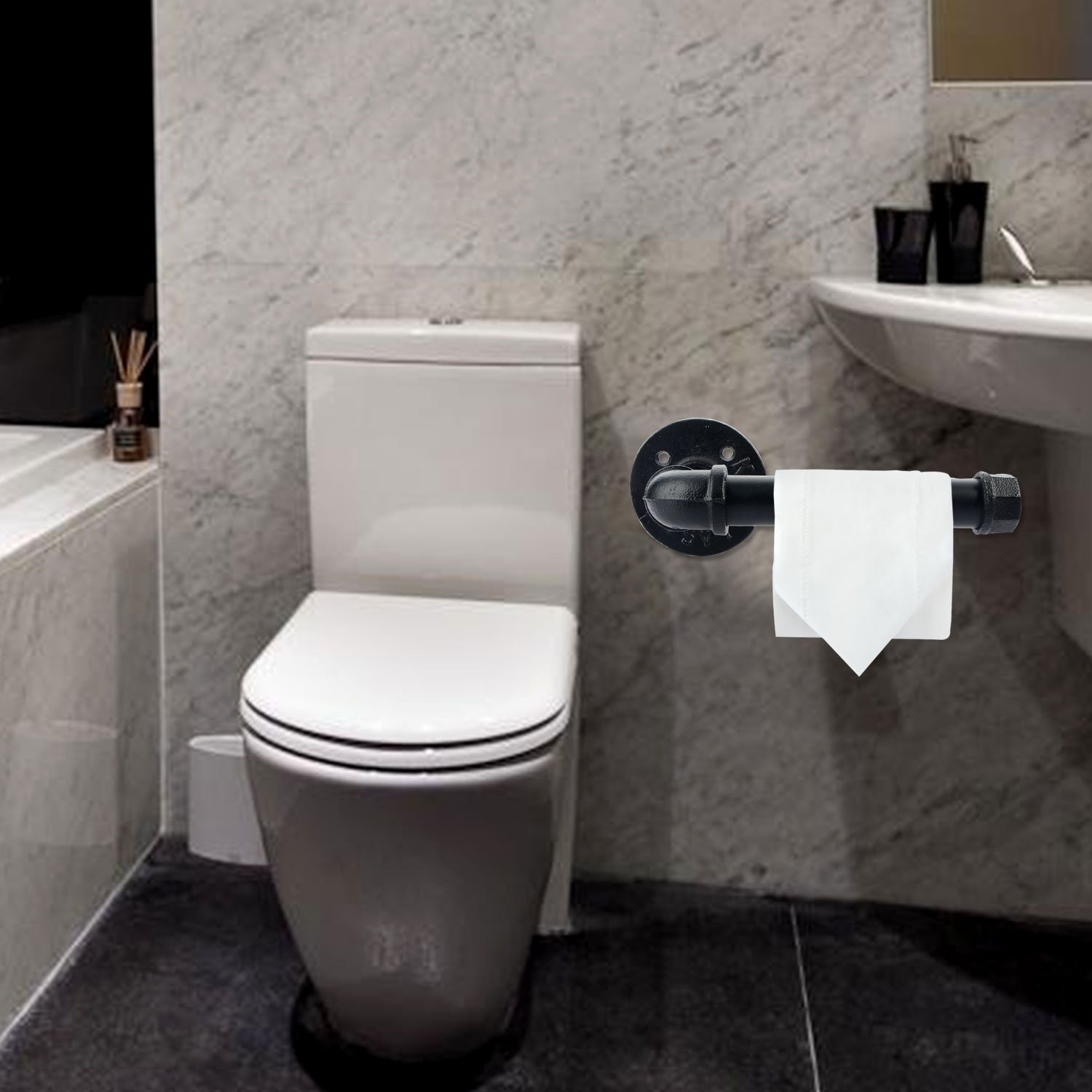 Toilet Paper Holders, Industrial Iron Pipe Shelf/ Toilet Tissue Roll Holder - with Wall Mounted Bathroom Shelf - Black