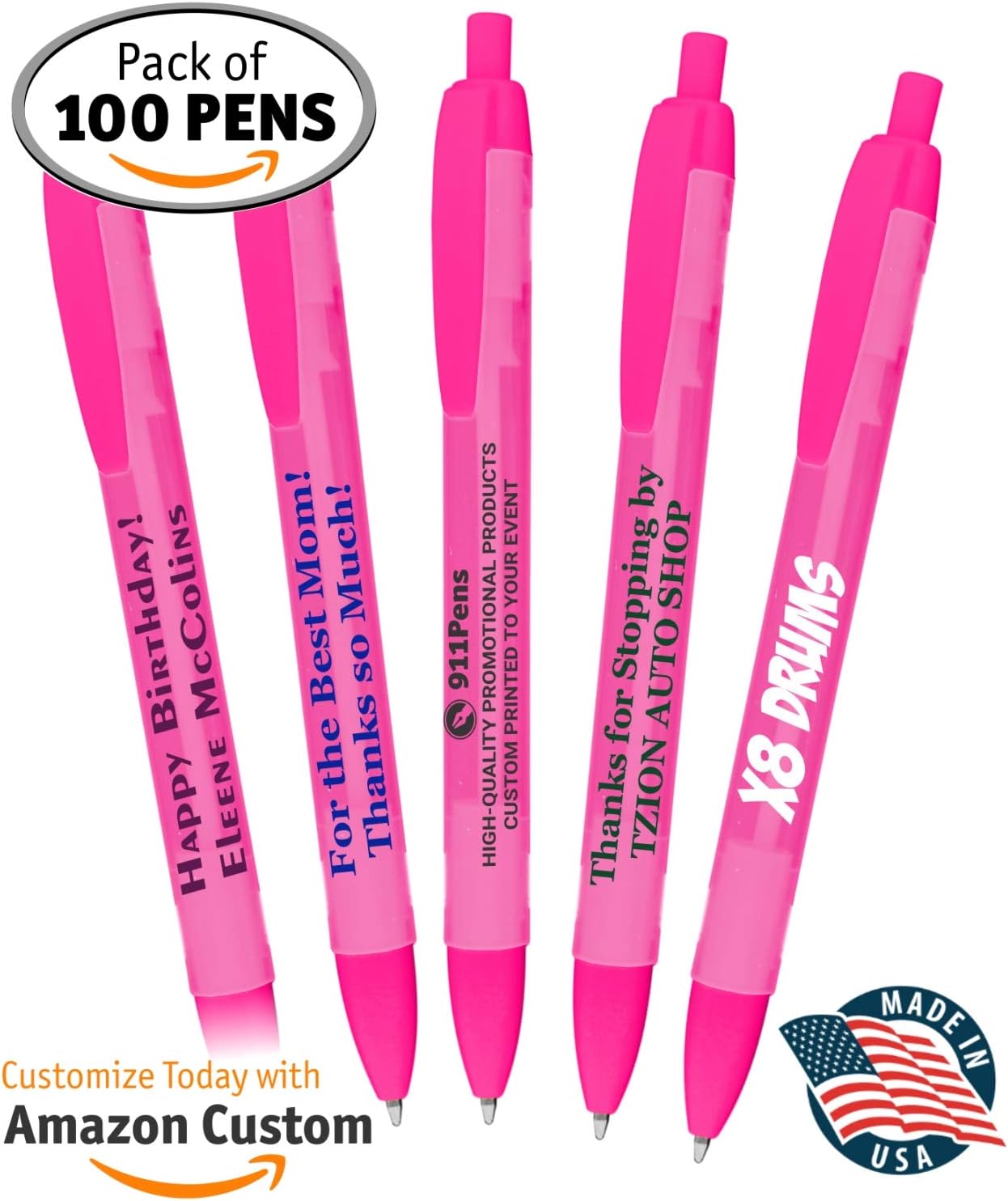 100 Pack, USA Made Personalized Writing Ink Ballpoint