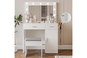 Viaozutis Vanity, Vanity Desk with Mirror, Large Drawer and Power Socket with 11 Light Bulbs and 3 Adjustable Lighting Modes, Vanity Table Ideal for Bedroom (White)