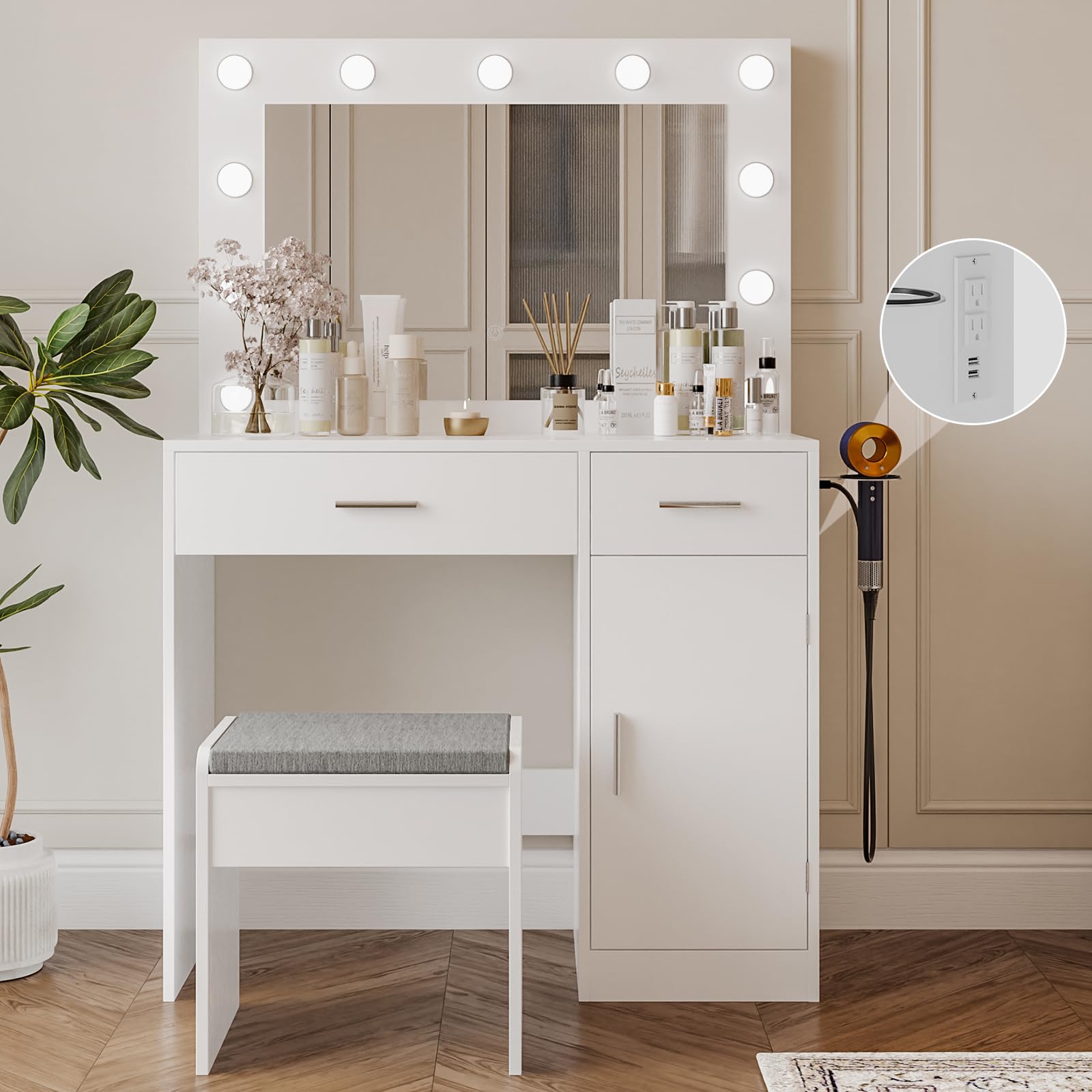 Photo 1 of Viaozutis Vanity, Vanity Desk with Mirror, Large Drawer and Power Socket with 11 Light Bulbs and 3 Adjustable Lighting Modes, Vanity Table Ideal for Bedroom (White)