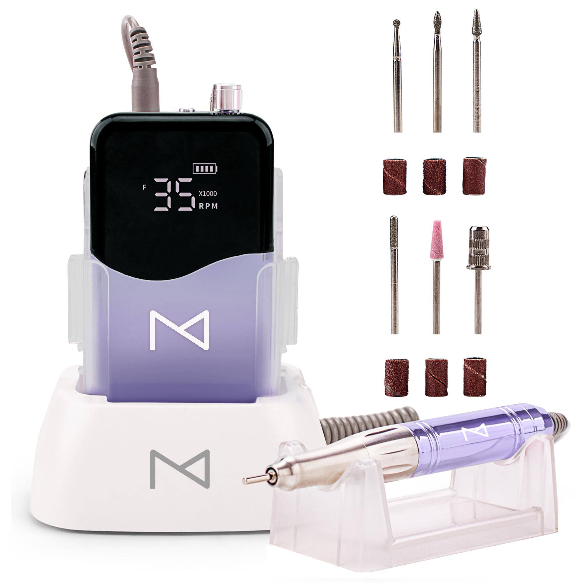 Photo 1 of M Mase- Professional Nail Drill Machine - Coreless 2-in-1 Nail File - Electric, Cordless, 35000 RPM, HD Display - Electric Nail Drill for Professional & Home Use (Violet)
