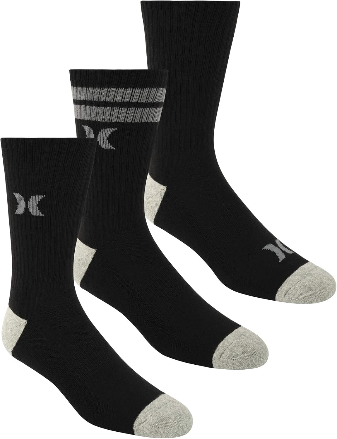 Hurley Men's 3 Pack Crew Socks Black,1013, black/logo/stripe Amazon