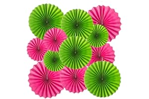 MOWO Hot Pink and Green Paper Fans, 12pc, Variety Pack, Tropical Style, Birthday, Wedding, Baby Shower, Graduation, Hanging Ornaments, Paper Material