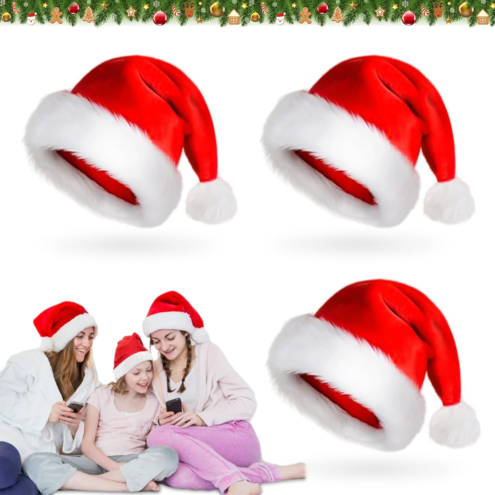 Pack of 3 Christmas Hat, Santa Hat, Thick Fur Edge, Made of Plush Santa Hat, Christmas Hat, Tear-Resistant and Stretchy for Adults, Christmas Party, Christmas Market, Warm Thickened (Adults)