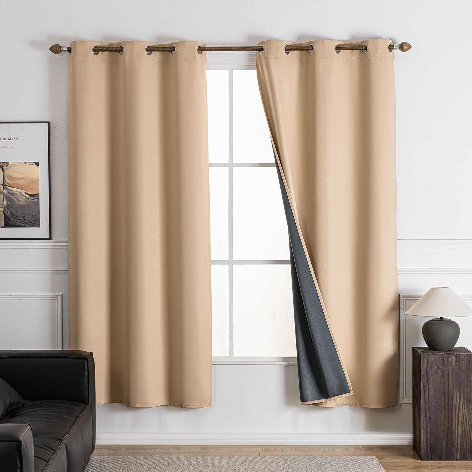 NANPIPER 100% Blackout Curtains for Bedroom 36 Inch Length 2 Panels Set, Solid Thermal Insulated Energy Saving Window Treatment Curtains Grommet Top Drapes, W42 x L36 Inches, Beige