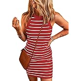 Acelitt Womens Ladies Summer Dresses Striped Print Halter Neck Bodycon Short Mini Tank Dress(Too Tight, Please Size Up)