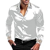OYOZONE Men's Luxury Satin Dress Shirt Shiny Embroidery Silk Long Sleeve Button Up Shirts Prom Wedding Party Shirt