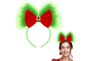 Canlierr 1 Pcs Christmas Green and Red Bow Headband Large Furry Hair Bow Headband Fuzzy Pom Pom Green Costume Alien Hairband for Women Girls Accessories Holiday Party (Green,Red)