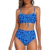 Herseas Women's Floral Print Bikini Sets Lace Up Front 2 Piece High Wasited Swimsuits Ruched Ruffle Trim Bathing Suit