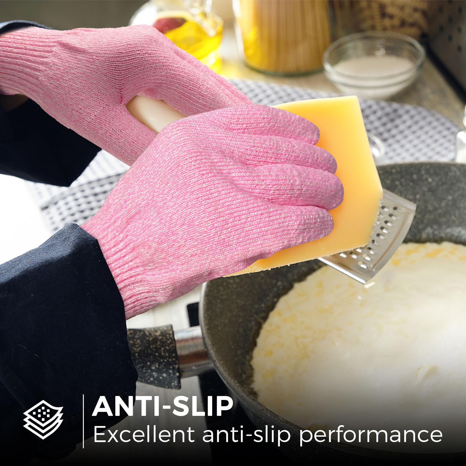 Evridwear Cutting Gloves Level 5 Cut Resistant, Food Safe Gloves with Non-Slip Grip for Kitchen, Meat Cutting & Mandoline Use, 2 Pairs (M, Pink+Gray)