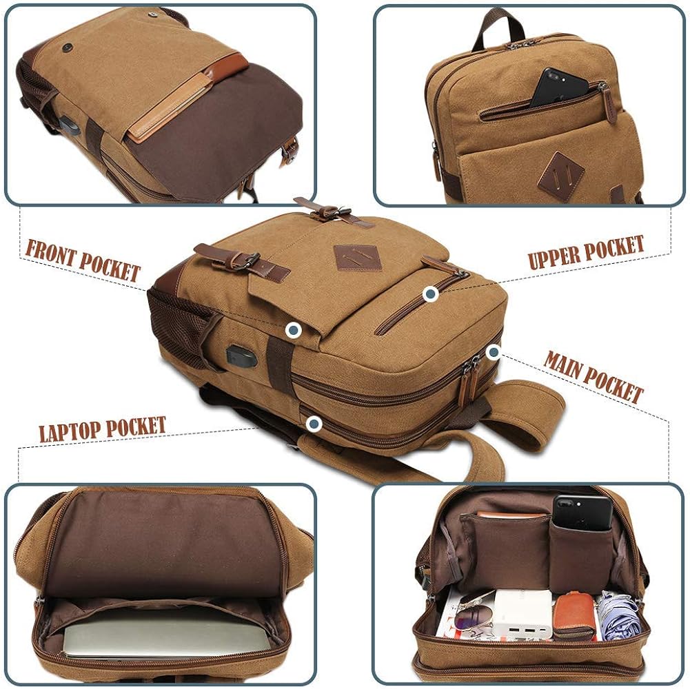 MODOKER Canvas Backpack for Men Women Vintage Rucksack Fits Most 15.6 Inch Laptop, Bookbag with USB Charging Port, Brown - Image 5