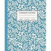 Composition Notebook: Blue Vintage Botanical Illustration. Cute College Ruled Aesthetic Journal For Girls, Teens, Students, Women, For School, Work, Office. Wide Lined. Pretty Leaf Design.