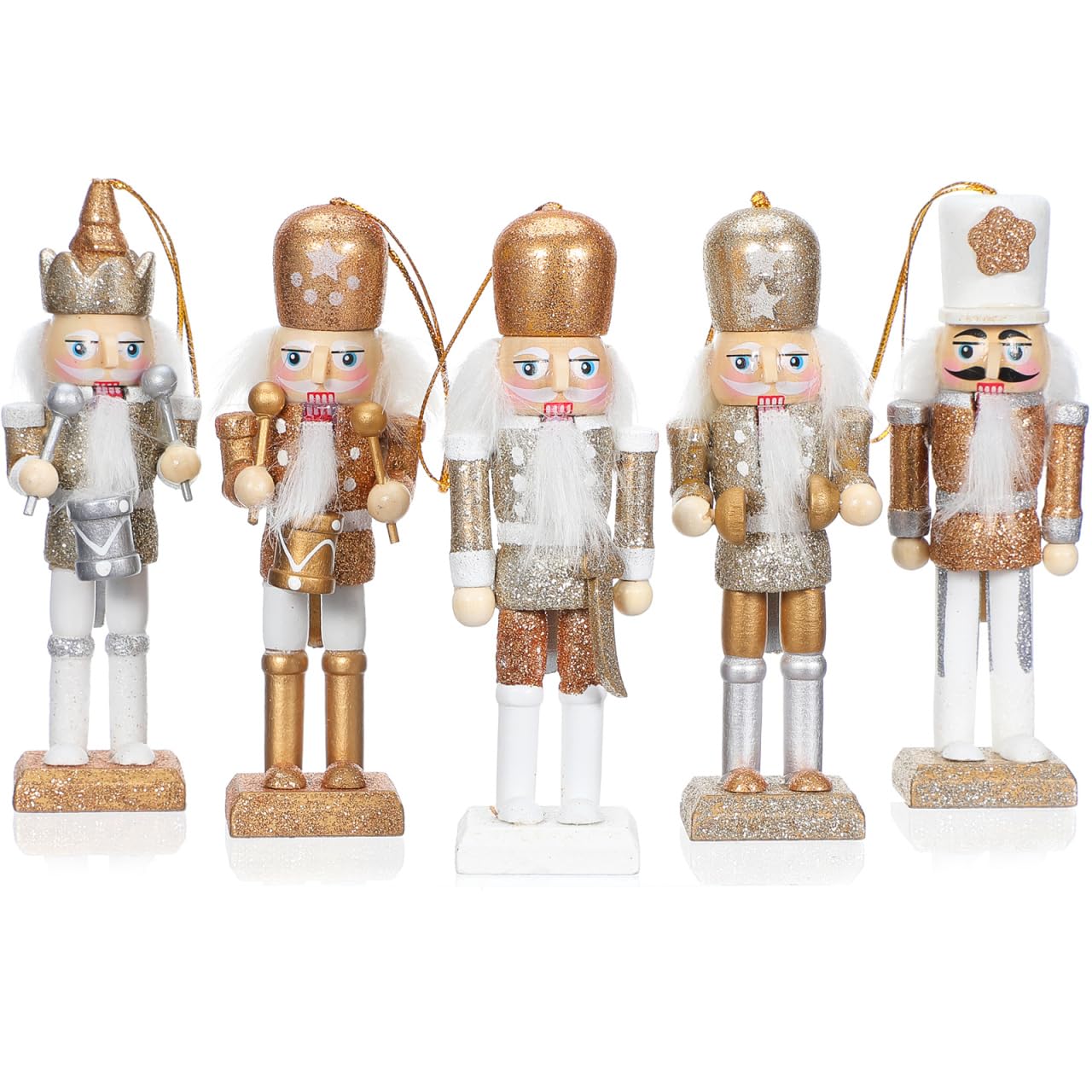 VALICLUD Wooden Christmas Nutcracker Figures Ornaments Xmas Holiday Tree Decorations (White Gold)