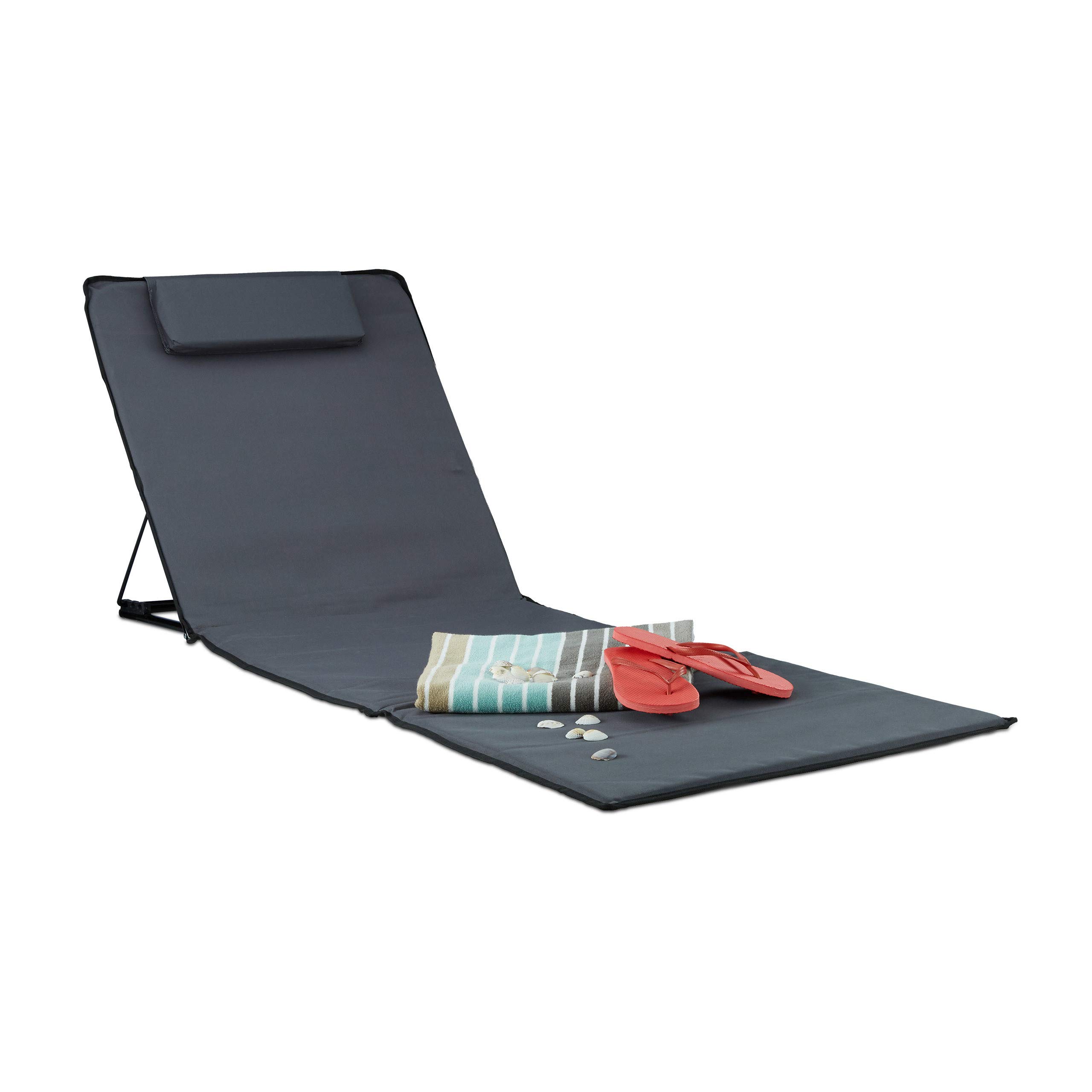 Relaxdays XXL Beach Mat, Padded Sun Lounger with Pillow Folding Recliner with Travel Bag, Anthracite