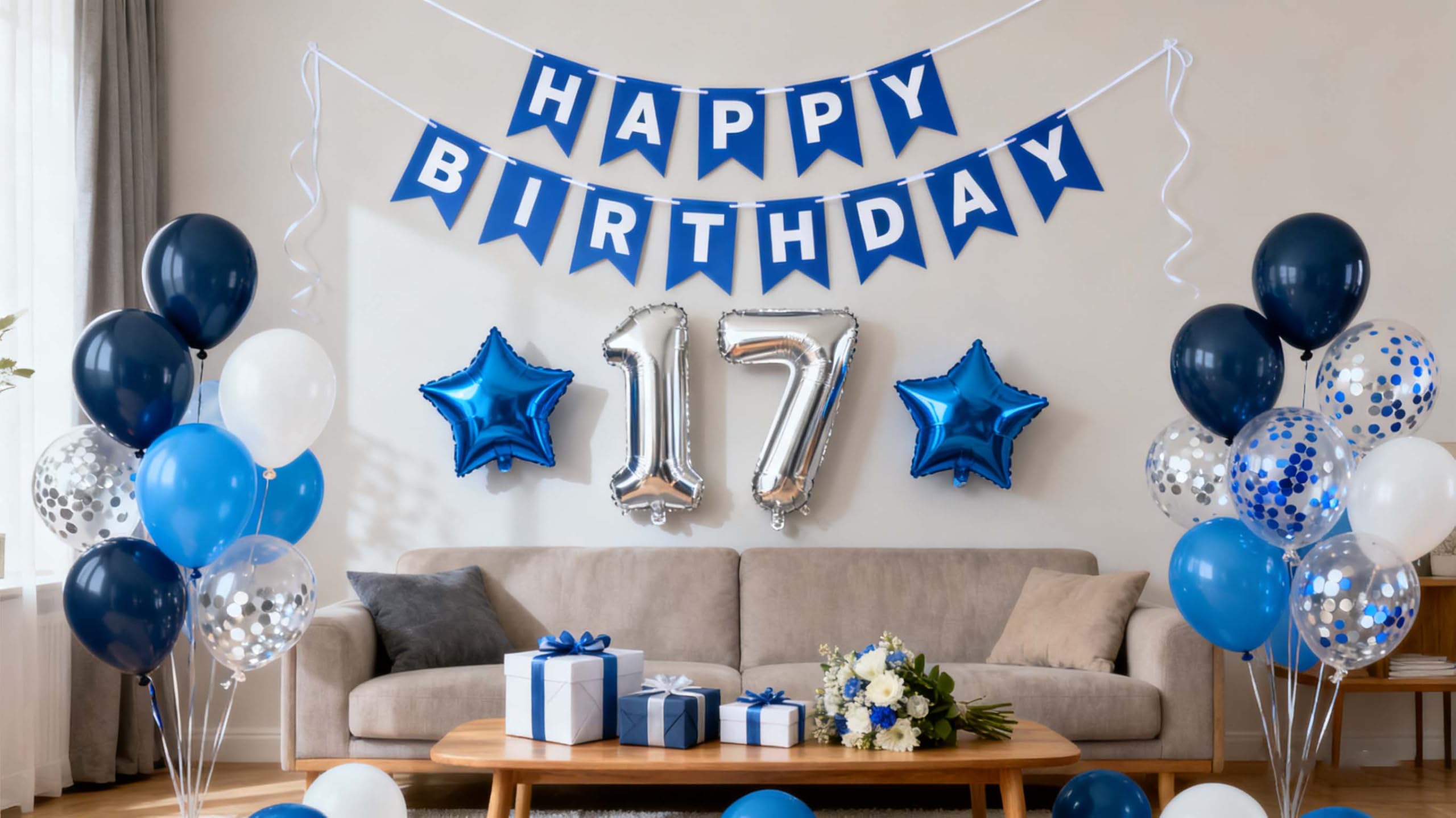 17th Birthday Party Decorations Blue for Boys, Happy Birthday Banner Blue Number 17 Birthday Star Foil Balloons Latex Confetti Balloons for Boys Him Son17 Year Old Party Decorations Supplies(17th)