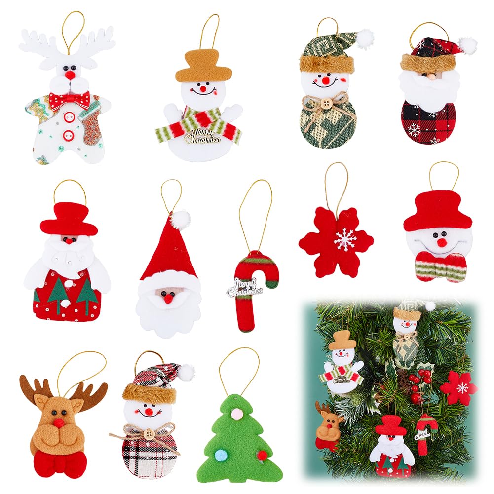 SUPERFINDINGS 12Pcs 12 Styles Plush Christmas Tree Decorations Ornaments Velvet Snowman Santa Claus Polar Bear Elk Tree Figurines Hanging Pendants for Party Christmas Tree Decorations