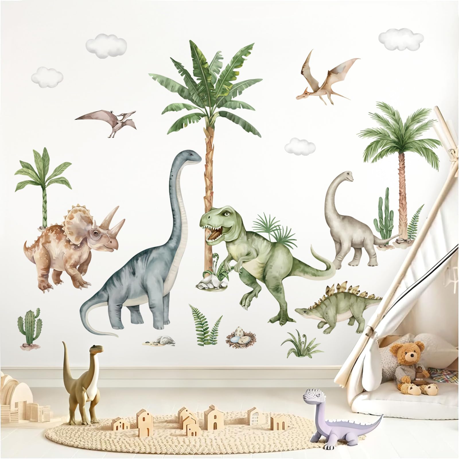 wondever Large Dinosaur Wall Stickers Tropical Animal Dino Palm Tree Plants Wall Art Decals for Boys Room Baby Nursery Kids Bedroom (160 * 83cm)