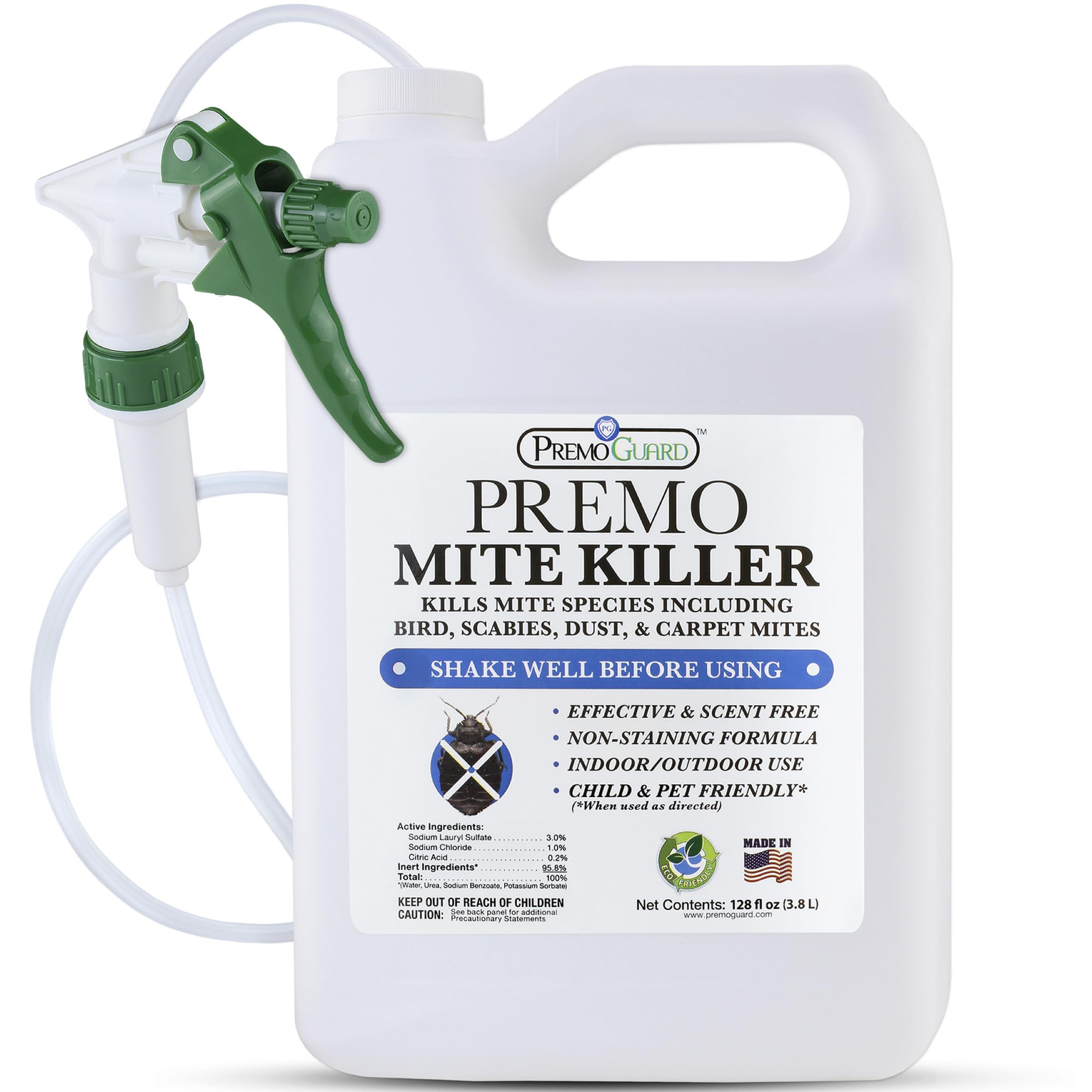 Premo Guard Mite Treatment Spray – 128 oz – Kills Dust, Human, Scabies, Spider, Carpet, Bird, Mouse & Rat Mites in Home, on Furniture, Bedding – Natural Non-Toxic 100% Effective – Child & Pet Safe