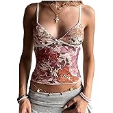 Women Y2k Spaghetti Strap Lace Tank Casual Going Out Slim Fit Camisole Floral Sheer Mesh Cami Top Streetwear