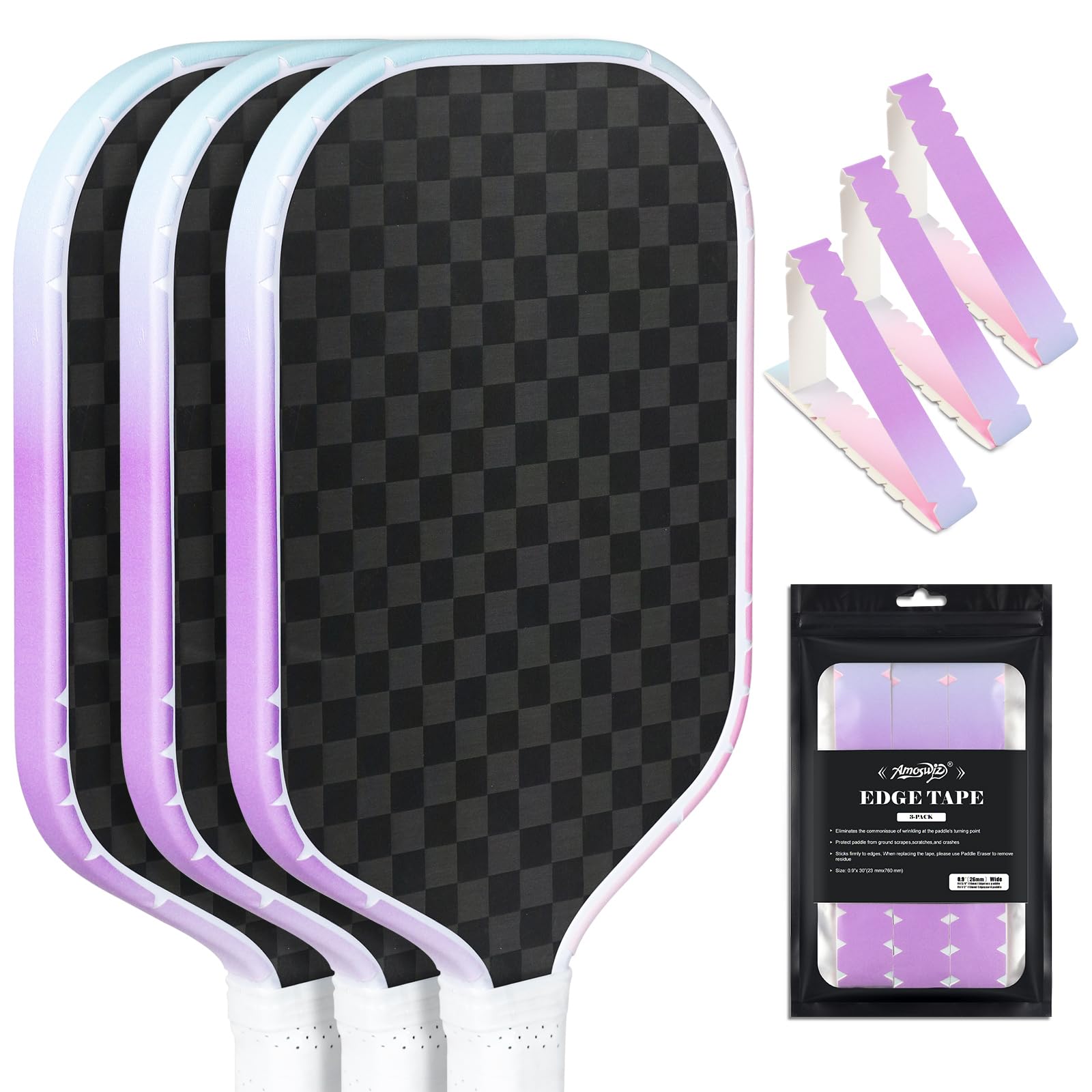 Photo 1 of Amoswiz Pickleball Edge Guard Tape, Pickleball Protection Tapes 3 Pcs, Purple to Blue to Pink Gradiant Edge Tape, 23MM Width, No Wrinkling Edge Guard for 13MM & 16MM & 20MM Thicknesse Paddles