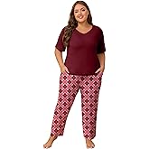 FEREMO Women Plus Size Pajama Sets 2 Piece Lounge Set Short Sleeve Tops and Long Pants Soft Pjs Sleepwear 1X-5X