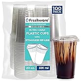 Freshware Clear Plastic Cups with Strawless Sip Lids [100 Cups - 20 oz] Disposable Tumblers for Iced Coffee, Smoothie, Milkshake, Cold Drinks