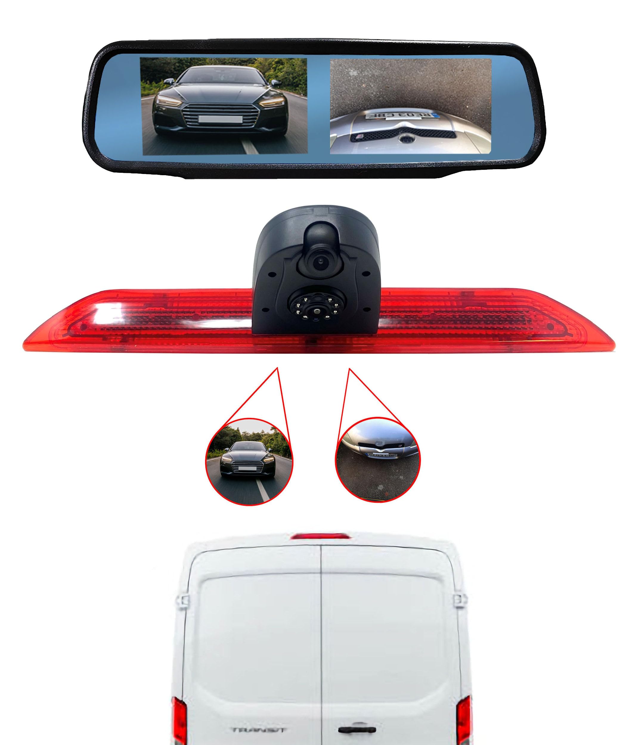 Dolphin Automotive Dual Rear Reversing Camera Fits Ford Transit Van 2014 Onwards (Camera With Dual 4.3" Clip On Mirror Monitor)